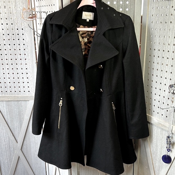 Wool Coat, Laundry By Shelli Segal Black Skirted with Gold Accents, Size M. - Picture 2 of 8